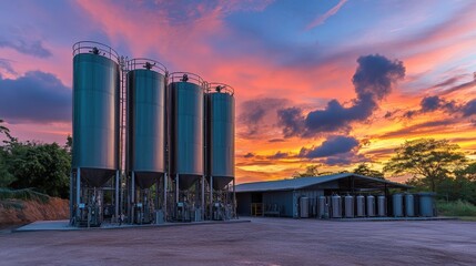 Obraz premium Industrial Silos Against Vibrant Sunset Sky in Rural Landscape