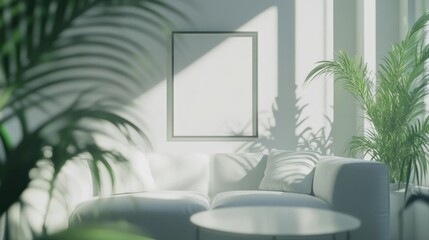 Sunlit living room mockup, frame, sofa, plants, interior design