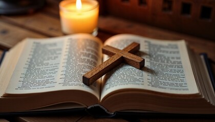Wooden Cross on Open Bible with Soft Candlelight in Contemplative Moment
