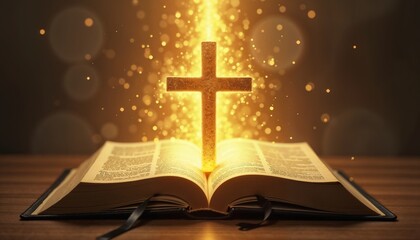 Glowing Cross Emerging from Bible in Golden Ethereal Light