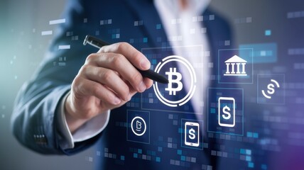 Man points pen at bitcoin and finance related icons