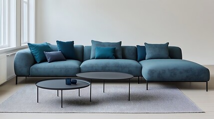 Teal Sectional Sofa with Cushions and Coffee Tables