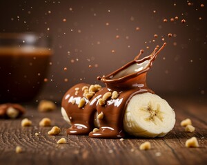 Banana with a dynamic splash of melted chocolate