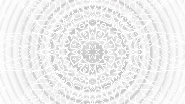 White mandala on light gray background suitable for yoga studios, mindfulness publications, bohemian designs, meditation materials, and spiritual themes.