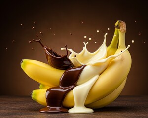 Banana with a dynamic splash of melted chocolate