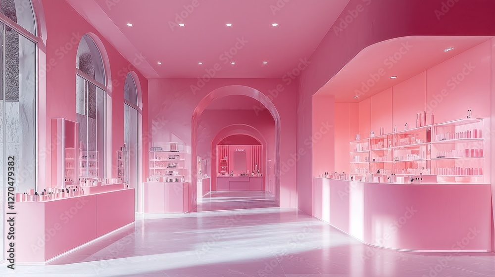 Aufkleber A large pink store with a display stand selling cosmetics, an open space at one end for displaying products, while another area features glass cabinets filled with various makeup items.