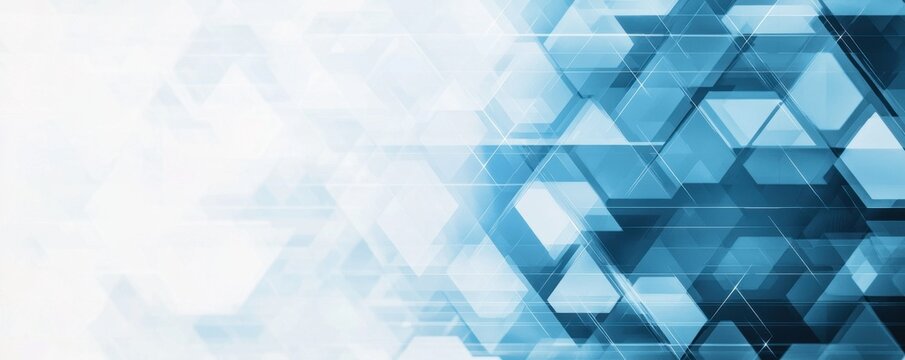 A modern, abstract design featuring blue hexagonal shapes and gradients, creating a dynamic and technological feel.