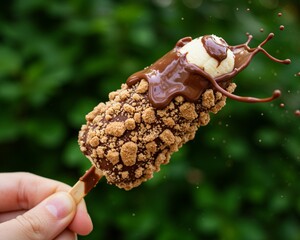 Banana with a dynamic splash of melted chocolate