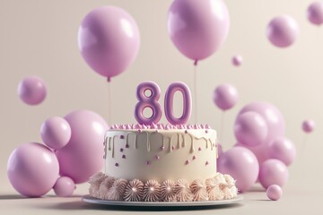 Birthday cake with 80 in 3D, soft balloons, ample customization.