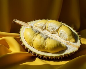 Fresh durian fruit on vibrant yellow background