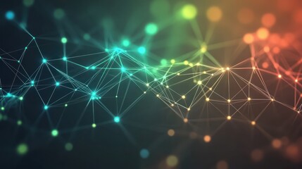 Colorful network connection flowing in dark space, bokeh background; digital tech presentation