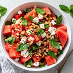 A vibrant and refreshing watermelon feta salad with mint leaves and a drizzle of honey, served in a white bowl, Salad centered