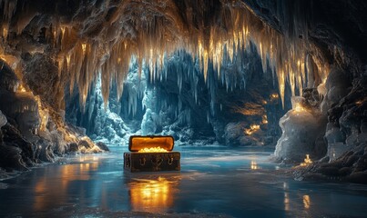 magical ice cave where glowing stalactites hang above a shimmering frozen lake with a treasure chest embedded in the ice, Generative AI