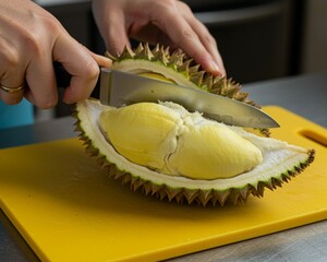 Fresh durian fruit on vibrant yellow background