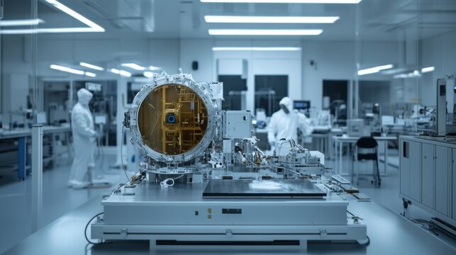 Satellite assembly in a precision aerospace lab. Featuring robotic arms and complex satellite modules