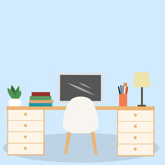 Work place room, interior of work at home. Vector illustration.