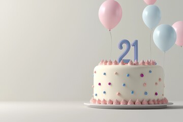 Pastel balloons, minimal cake with 21, clear text space.