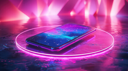 Smartphone with nebula screen on neon pink circular stand, futuristic background.