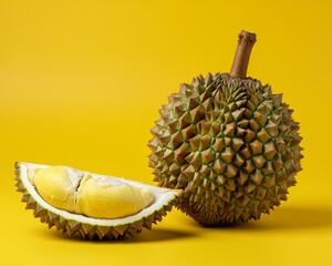 Fresh durian fruit on vibrant yellow background
