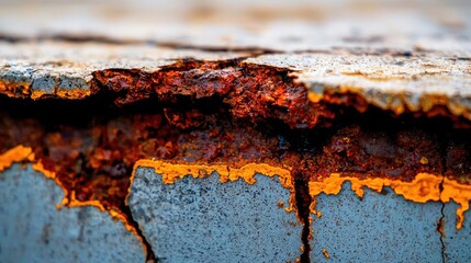 Fototapeta premium Acid rain climate change idea. Close-up of rusted metal surface, showcasing decay and textured patterns.