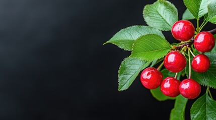 Fototapeta premium Ripe cherries branch, dark background, food blog