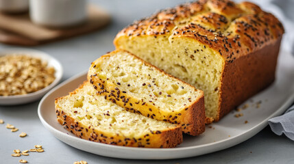 Fototapeta premium Freshly baked multigrain bread with visible seeds, sliced and served on plate, evokes warm and inviting atmosphere. Perfect for breakfast or snacks