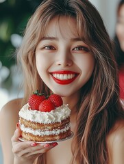 An attractive Korean woman with long hair and red lipstick, smiling while holding up a small piece of cake with white frosting and strawberries on top to her face.