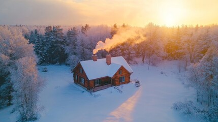 serene winter cabin surrounded by a snow-covered forest, smoke curling from the chimney under a golden sunrise, Generative AI