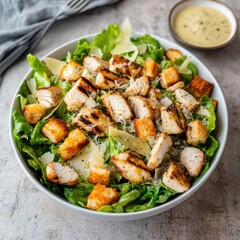A vibrant caesar salad with grilled chicken and croutons, served in a modern white bowl, Caesar salad centered