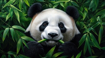 Fototapeta premium A close-up of a giant panda peacefully chewing on bamboo, surrounded by dense green foliage in its naturalistic zoo habitat.