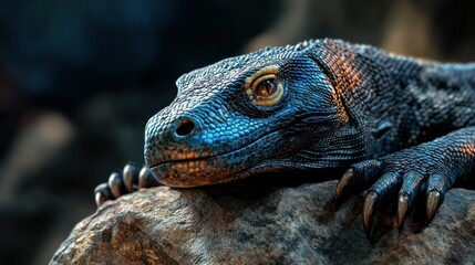 A close-up of a Komodo dragon resting on a rock, its scaly skin and sharp claws giving it a prehistoric and powerful presence.