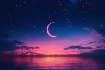 A serene twilight sky with a glowing crescent moon and twinkling stars, perfect for promoting calmness, spirituality, and celestial-themed events or artwork.