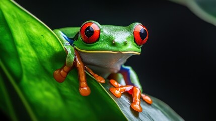 A close-up of a red-eyed tree frog clinging to a leaf in a tropical reptile house, its vibrant green and orange colors standing out.