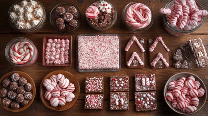 Fototapeta premium flat-lay of holiday desserts, including peppermint bark, gingerbread houses, and candy canes, arranged on a rustic table, Generative AI