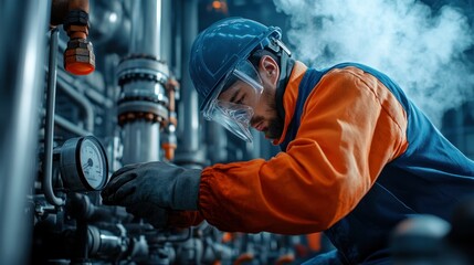 Fototapeta premium A close-up of an oil refinery worker in protective gear inspecting a network of high-pressure pipelines, with steam rising around him.