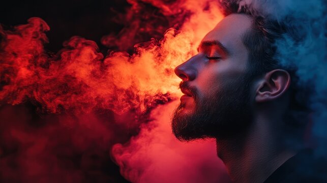 Man exhales vapor, red-blue smoke, dark studio, vaping ad