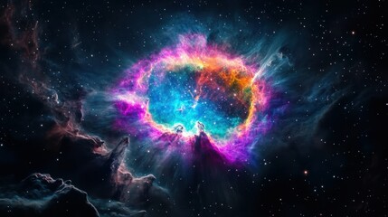 Obraz premium A cosmic nebula deep in space, swirling with vivid pink, purple, blue, and orange gases, with countless stars scattered throughout.