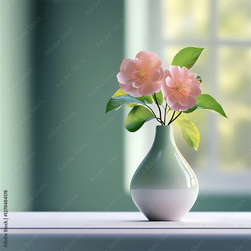 Poster white table top with green wall and window in the background, blurred. white tablecloth with pink fl