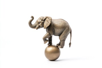 Toy elephant balancing on a ball on pure white background