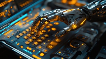 Robotic hand operating futuristic control panel, glowing background, tech illustration