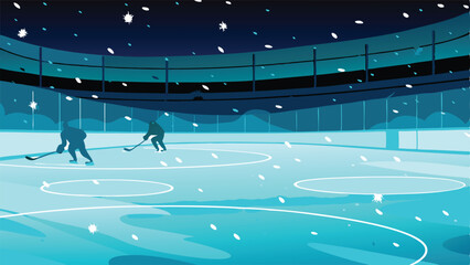 A pristine ice hockey rink, freshly covered in snow, with brightly glowing white lines marking the playing surface.  The scene is peaceful and serene.