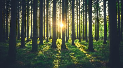 Fototapeta premium Sunset Glows Through Tall Trees In A Lush Forest