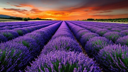 Fototapeta premium A dramatic sunset over a lavender field, where the sky bursts into a palette of deep pinks, fiery oranges, and rich purples.