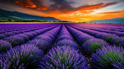 Obraz premium A dramatic sunset over a lavender field, where the sky bursts into a palette of deep pinks, fiery oranges, and rich purples.