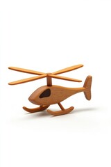 Toy wooden helicopter with spinning blades on pure white background