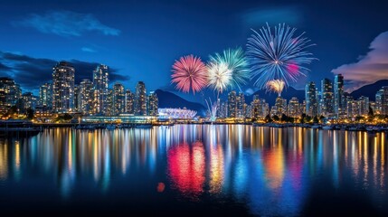 Obraz premium A fireworks display lighting up the night sky, with bursts of red, blue, green, and gold reflecting over a calm city river