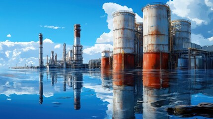 A flood-affected oil refinery, with large pools of water reflecting the towering chimneys and storage tanks.