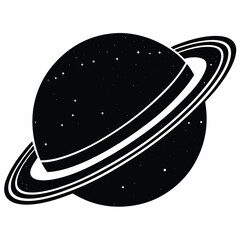 Black and White Illustration of a Planet with a Ring System