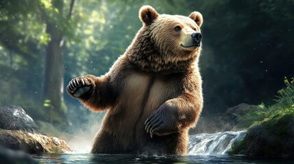 Obraz premium A grizzly bear standing on its hind legs near a flowing stream in a zoo habitat, its powerful build highlighted in the sunlight