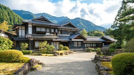 Fototapeta premium a historic Japanese castle with stone walls and curved roofs, towering against a scenic mountain backdrop